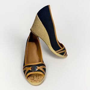 Sahara Ellison Black & Tan Peep Toe Espadrille Wedge Shoe Size 8